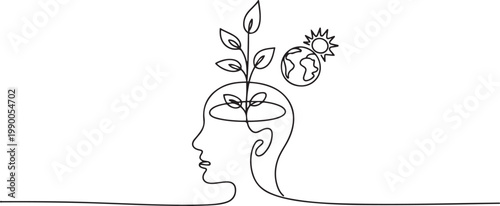 Plant leaves seed grow in brain concept. Continuous one line drawing of human head with a plant, globe and sun. one line art icon drawing vector