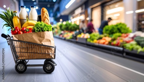 Supermarket shopping cart filled with fresh food moving in grocery store aisle