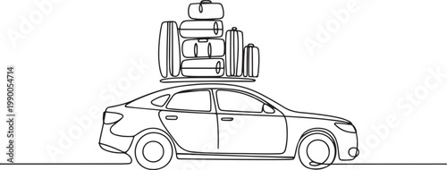 Single continuous line drawing car carrying a lot of luggage on the roof rack. Family car for long road trips. Excess clothing supply. one line art icon drawing vector