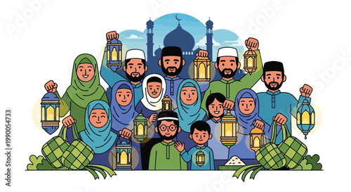 Muslim family celebrating with lanterns