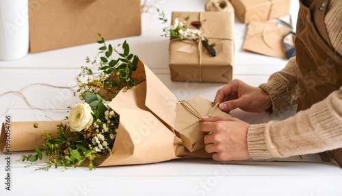Person's hands tying twine on a small kraft paper gift box, with a rustic floral bouquet and other wrapped presents on a white wooden table.