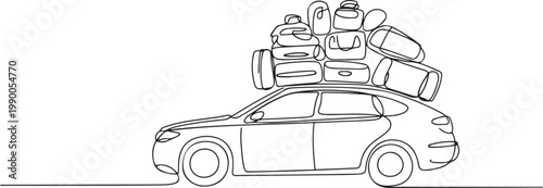 Single continuous line drawing car carrying a lot of luggage on the roof rack. Family car for long road trips. Excess clothing supply. one line art icon drawing vector