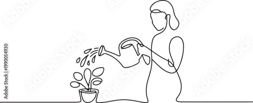 Continuous line drawing watering plant vector illustration. one line art icon drawing vector