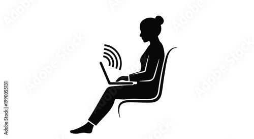 woman sitting with laptop and wifi signal