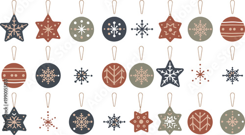 Christmas Ornament Vector Set Featuring Minimalist Baubles And Stars With Snowflake Patterns In A Modern Nordic Flat Design Style, 19 words.