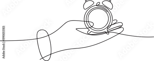 Hand holding an alarm clock in one continuous line. one line art icon drawing vector