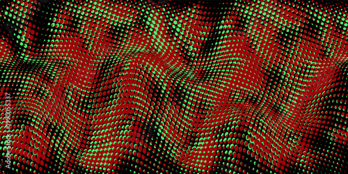 Abstract Red and Green Wavy Halftone Pattern on Black Background