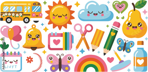 Cute Back To School Vector Set Featuring Kawaii School Bus Pencil Scissors And Stationery In Bright Flat Cartoon Style For Kids, 20 words.