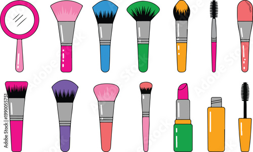 Makeup Brush Vector Set Featuring Cosmetic Tools Lipstick And Hand Mirror In Colorful Flat Design Style, 17 words.