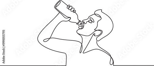 a Man Drinks water from a Bottle Arm hand with a Water bottle. one line art icon drawing vector
