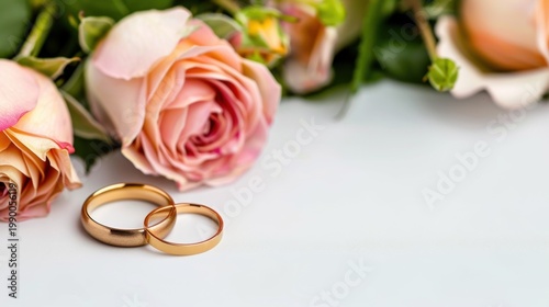 Elegant wedding rings placed beside soft pink roses on a light background ideal for romantic and love-themed projects