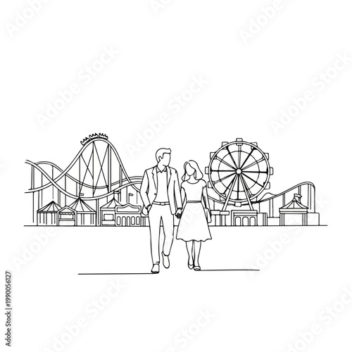 Couple Walks Hand in Hand at Amusement Park