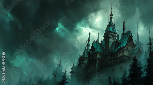 A painting of a castle with a dark sky and trees in the background