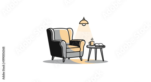 A cozy armchair with a side table and lamp.