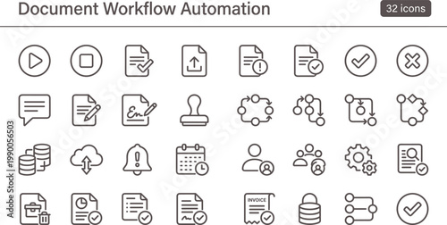 Document Workflow Automation Icon Set Outline Style with File Processing Approval Validation and Business Process Management Tools for Apps