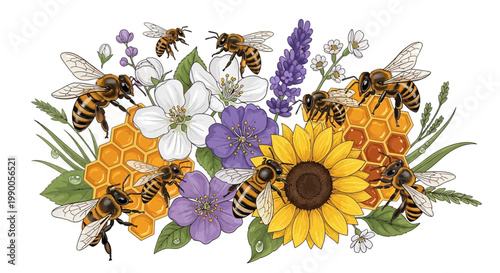 Celebrating world bee day, a detailed illustration features honeybees gathering around a vibrant arrangement of sunflowers, honeycomb, and various wildflowers against a plain white