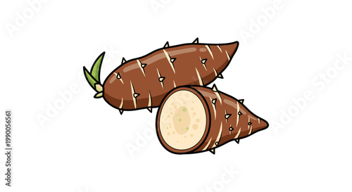 Brown cassava root tuber with one cut piece showing pale flesh on a white background