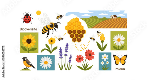 A vibrant flat lay celebrates world bee day with a detailed illustration featuring a bee pollinating flowers, a honeycomb, and a ladybug, all set against a backdrop of rolling fields