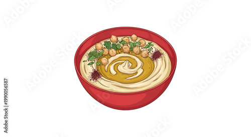 Bowl of creamy hummus topped with chickpeas and herbs on a white background