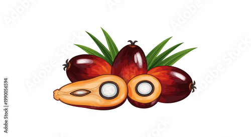 Cluster of red oil palm fruits with cut halves showing white kernels on white background
