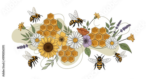 Illustrated banner celebrates World Bee Day, showcasing honeycombs and buzzing bees amidst a vibrant assortment of blooming daisies, sunflowers, and lavender against a clean white backdrop
