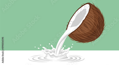Coconut milk pouring from a cracked coconut into a white splash on green