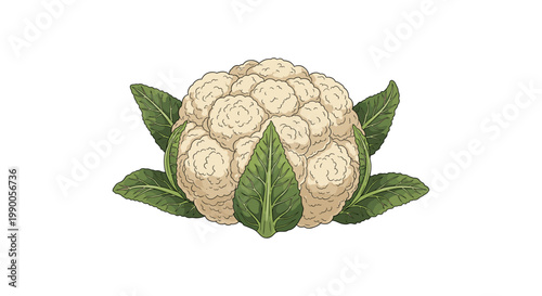Fresh white cauliflower head with green leaves isolated on a white background, vegetable