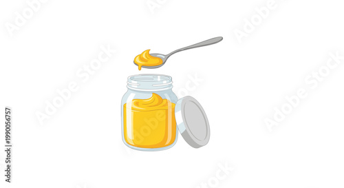 Glass jar of yellow mustard with a metal spoon isolated on a white background, for food