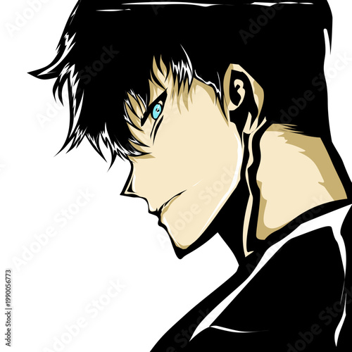 Edgy anime male profile vector art. Intense gaze, sharp lines. High-demand character stock for design projects
