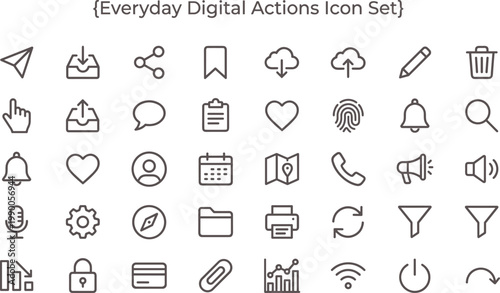 Everyday Digital Actions Icon Set Outline Style with Interface Controls Communication Files Navigation and User Interaction Tools for Apps