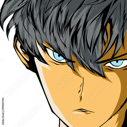 An intense close-up of a male anime character. Sharp light blue eyes and messy gray hair. Ideal for character designs on posters, shirts, hats, and stickers.