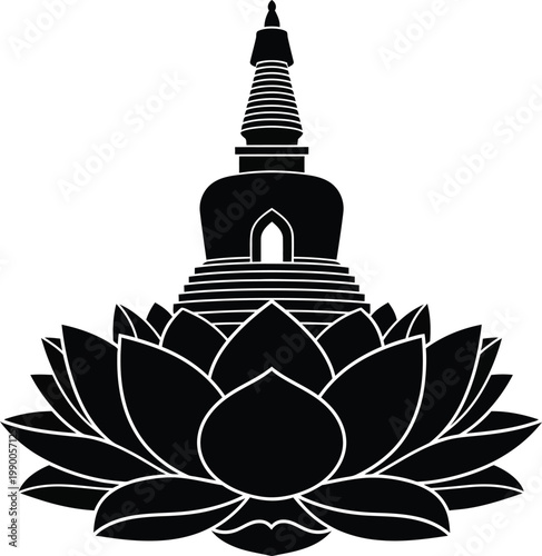 Buddhist Stupa Pagoda Silhouette on Lotus Flower, Sacred Spiritual Temple Vector Icon, Zen Meditation and Yoga Logo Element