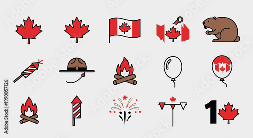 Canada Day Icons: Maple Leaf, Beaver, Fireworks, Flag, Campfire, Balloon