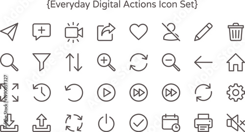 Everyday Digital Actions Icon Set Outline Style with Interface Controls Navigation Editing Media Playback and User Interaction Tools