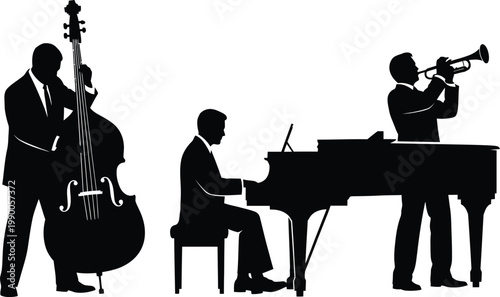 Jazz band silhouette vector, musicians playing double bass piano and trumpet, live music performance trio, elegant black and white concert graphics