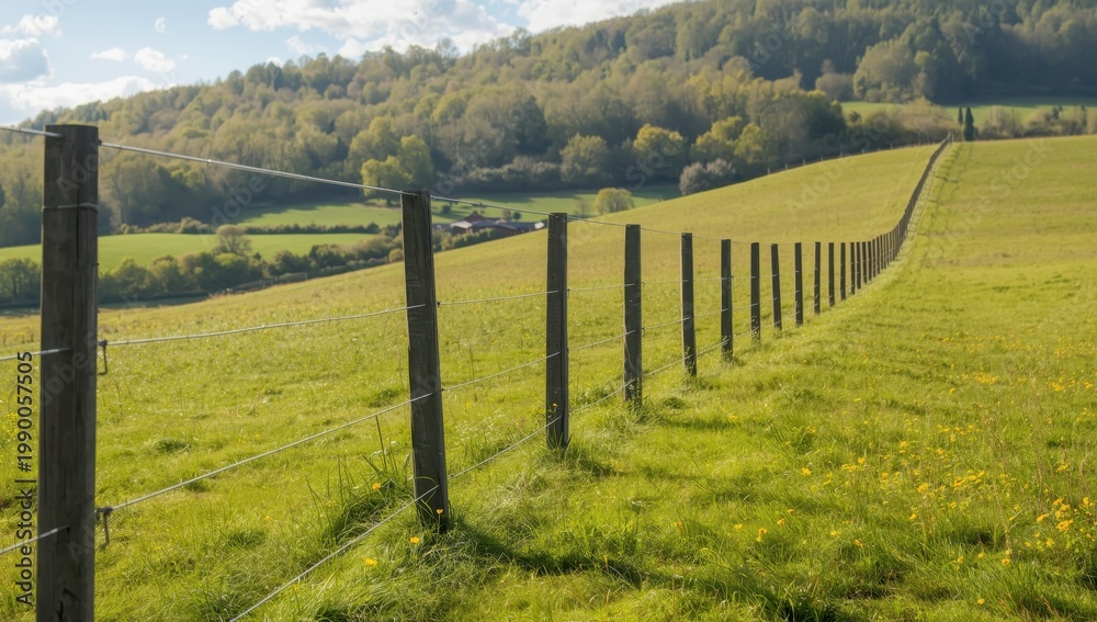 Fototapeta premium Recently set up electric fence and wooden posts observed on a farm in a scenic UK location, with a forest visible in the background.