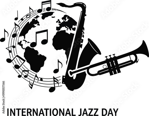 International Jazz Day vector illustration, musical instruments with globe and notes, saxophone and trumpet silhouette for music festival poster