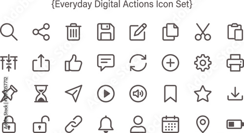 Everyday Digital Actions Outline Icon Set with Interface Controls Editing Sharing Navigation and User Interaction Tools for Apps
