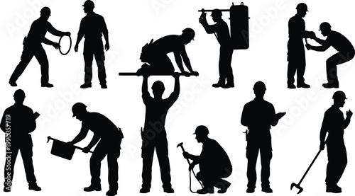 Construction worker silhouettes set, industrial building site laborers and contractors, professional engineering and maintenance crew vector icons