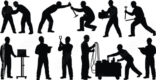 Construction worker silhouettes set, industrial manual labor icons, professional builders and engineers in hard hats, black vector figures on white