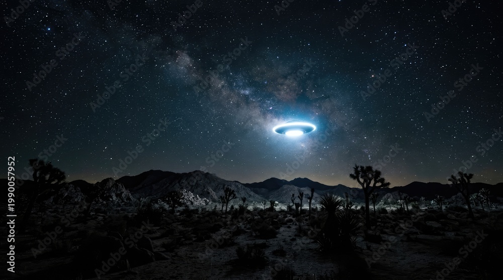 Fototapeta premium Mysterious Unidentified Flying Object Hovers in Desert Under Milky Way Sky