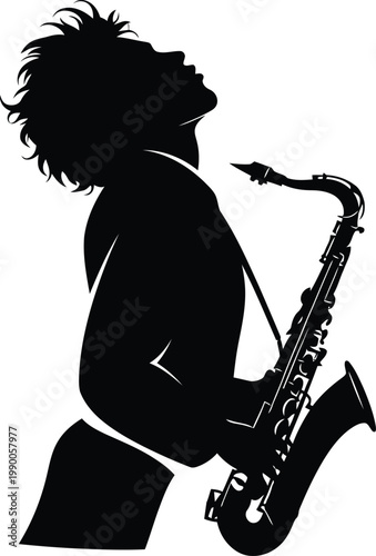 Jazz saxophone player silhouette, black and white musician vector illustration, soulful saxophonist performing music, artistic jazz band poster element