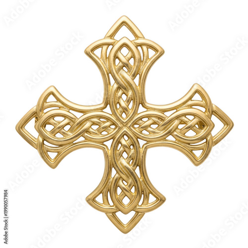 Gold celtic cross with intricate knotwork design isolated on transparent background
