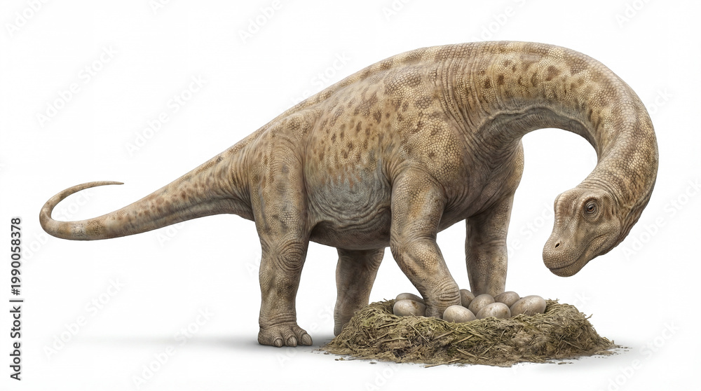 Fototapeta premium Argentinosaurus huinculensis Nesting with Eggs Isolated on White Background, Giant Titanosaur Dinosaur with Clutch, Realistic Paleoart