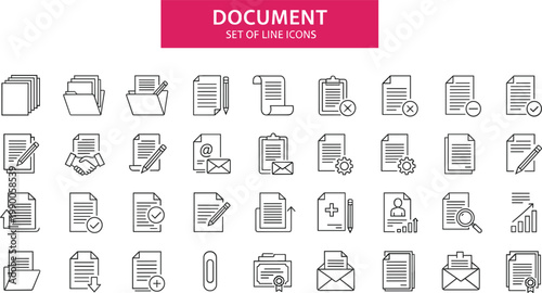 Document and Office Paperwork Line Icon Set Featuring Business Contracts File Folders Certificates and Management Symbols for Administration Legal and Corporate Web Designs