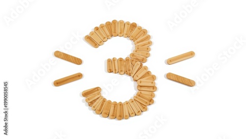 Tally marks representing the number three, created with a wooden ice cream stick, on a white background with clipping path. Educational concept.