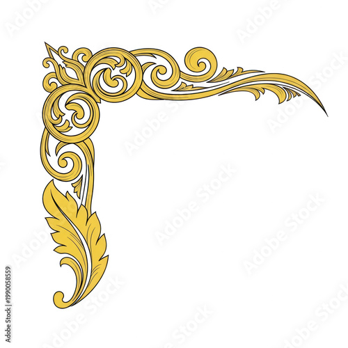 A golden ornate frame corner with swirling patterns isolated on transparent background