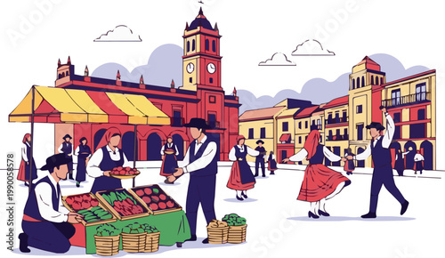 People dancing and shopping in a vibrant market square with clock tower