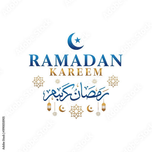 Ramadan kareem text with crescent moon and stars isolated on transparent background