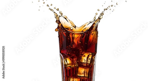Cola Splash in Glass with Ice Cubes, Refreshing Drink, Isolated on White Background